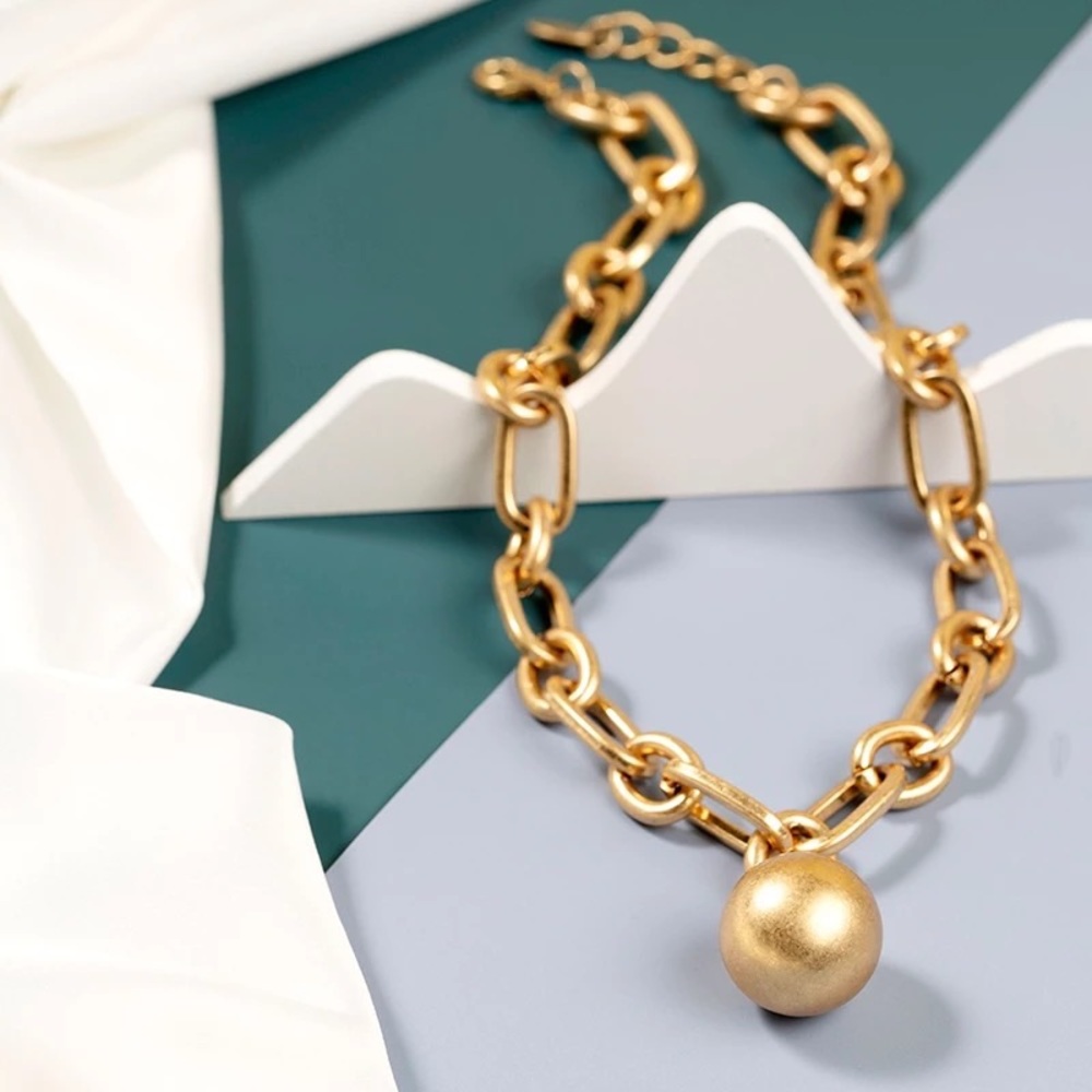 Zara Textured Gold Ball Chain Pendant Oval Circle Link Necklace Satin Metallic